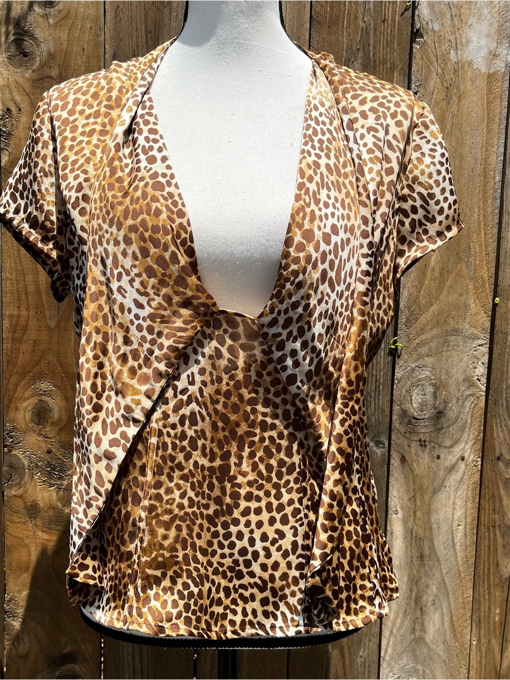 Agora Brown and Yellow Leopard Print Satin V-Neck Blouse Accepting Offers